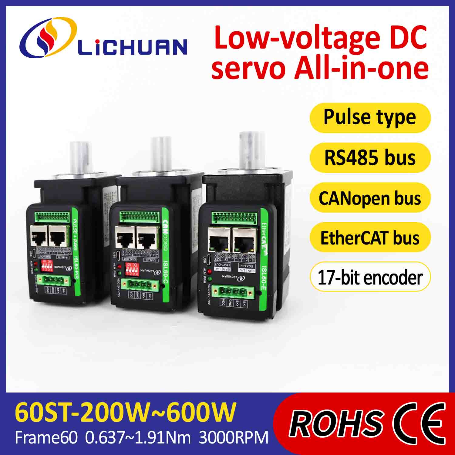 Gonilnik integriranih servo motorjev Lichuan v obliki črke L 400W 1,27N.m DC24/48V 6,0/10/12/15A 3000RPM IP65